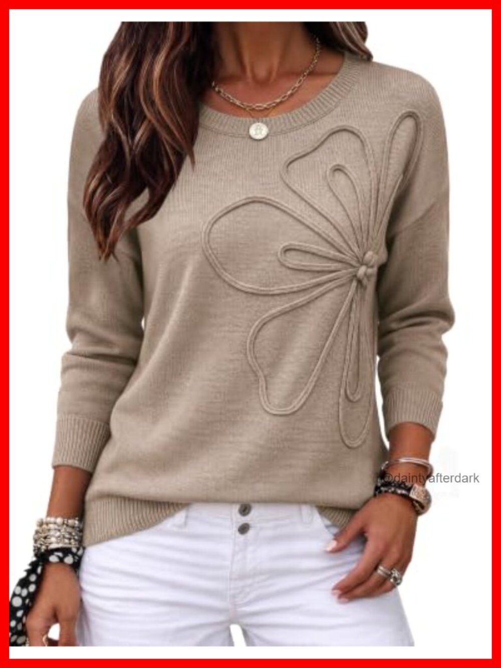 Women's 3D Floral Applique Crewneck Long Sleeve Pullover Sweater